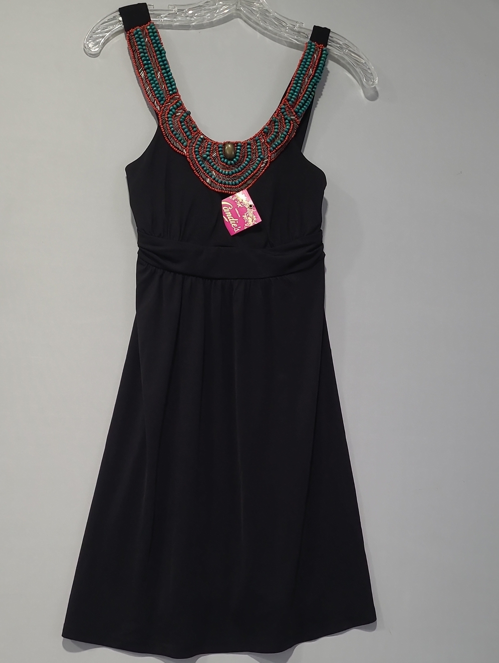 Candie's Black Mini Dress Line A with Turquoise and Coral Beaded Neckline Size S